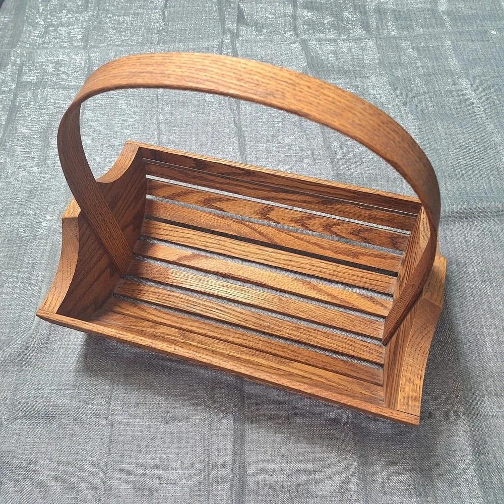 Vintage Oak Wood Slat Basket Tote Trug MCM Bentwood Arch Handle Cross Plains WI